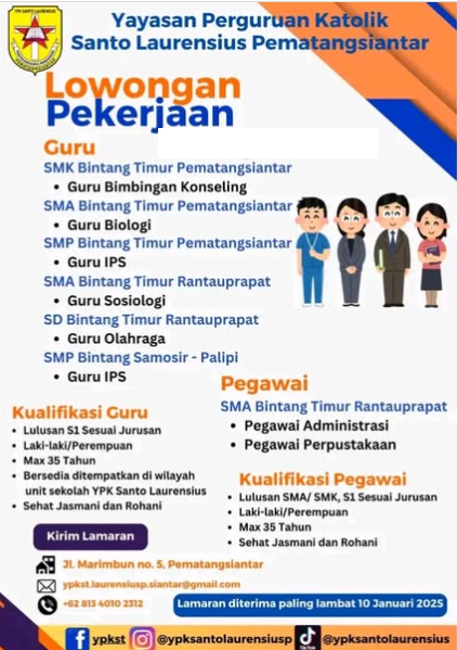 Lowongan Guru dan Pustakawan YPK Santo Laurensius Pematangsiantar